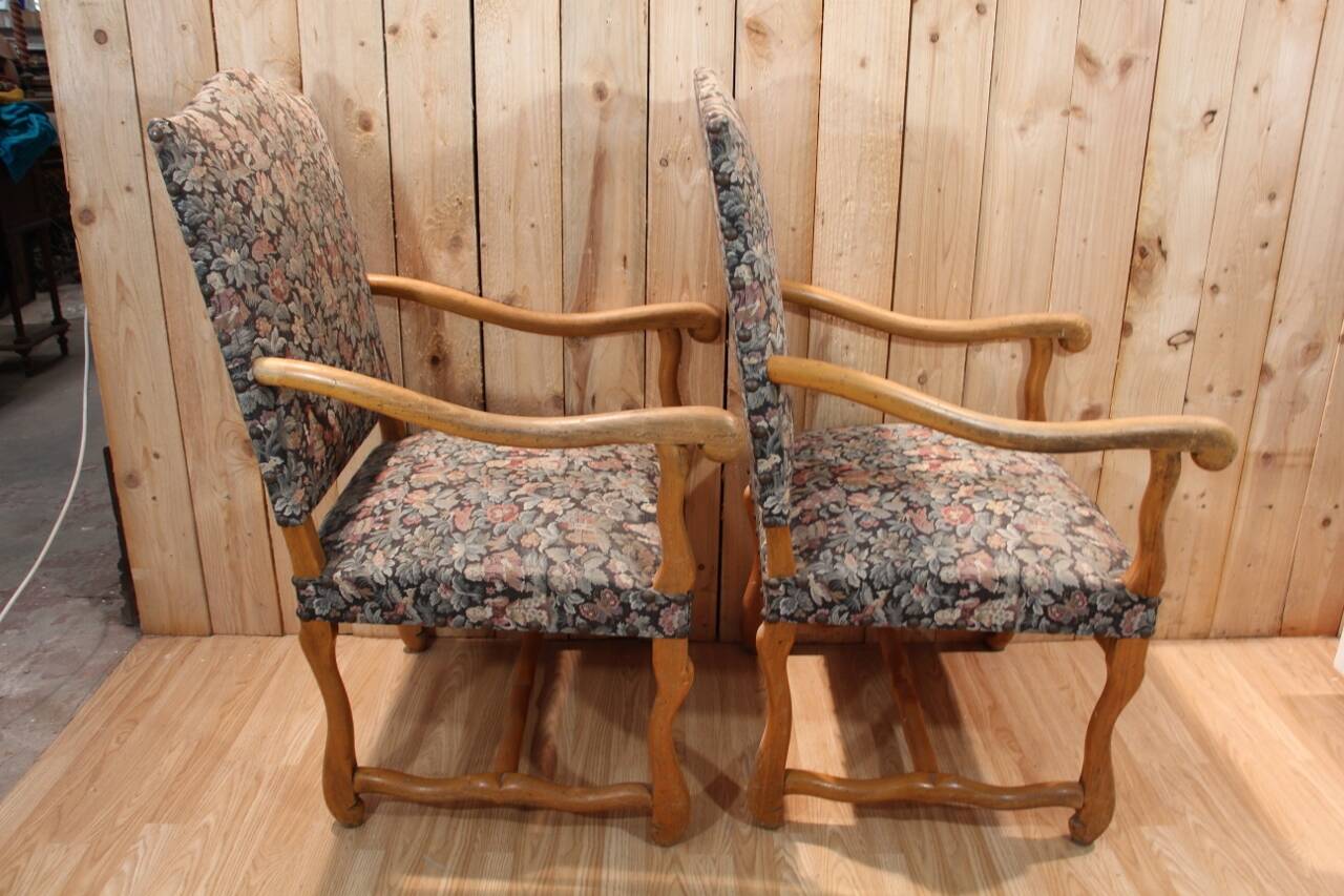Pair of Louis XIII Style Armchairs in Sheep Bone, Needlepoint Tapestry
