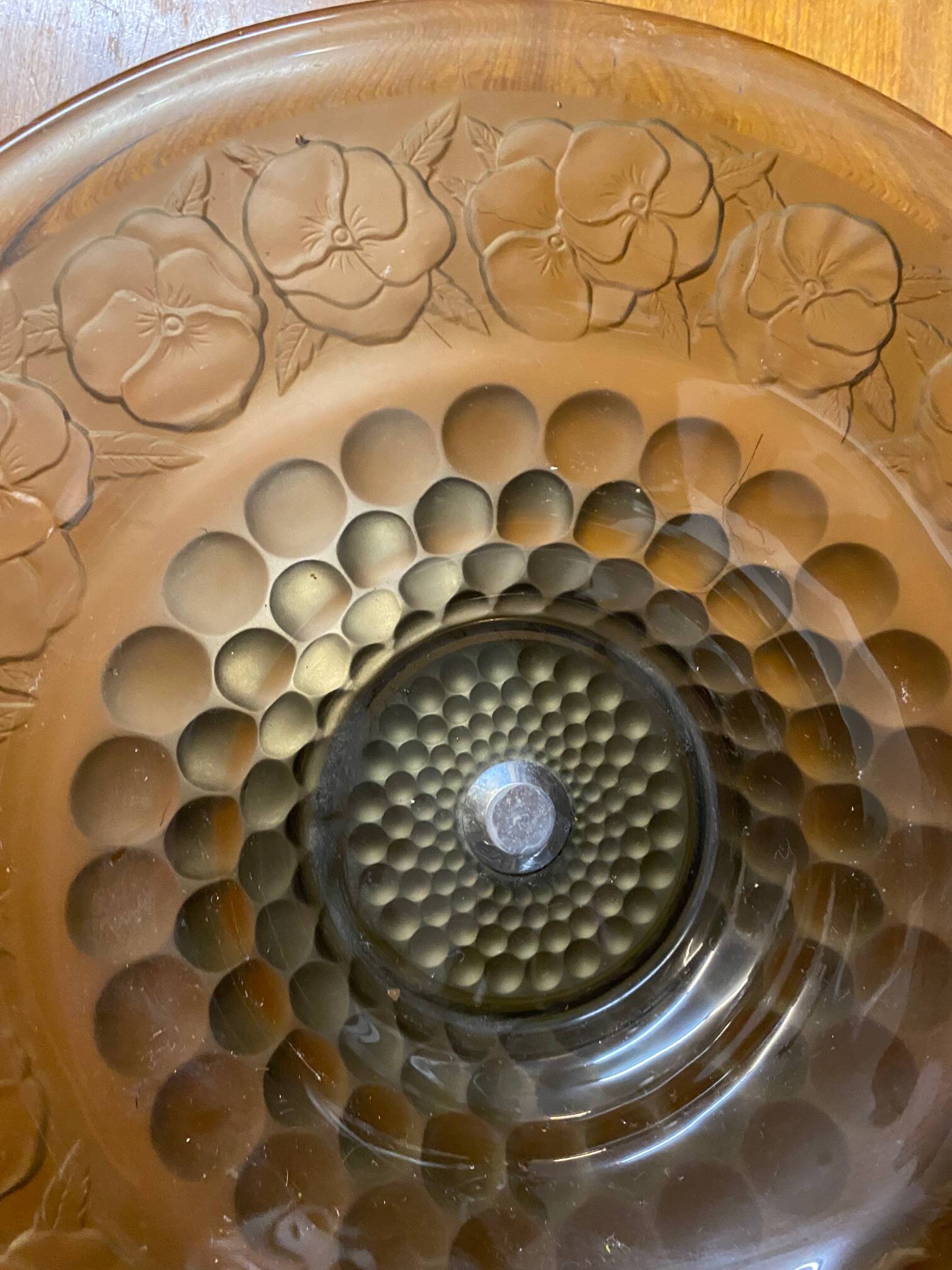 ART DECO FRUIT BOWL SMOKED GLASS PETUNIAS DECOR CHROME FOOT ROUND SHAPE