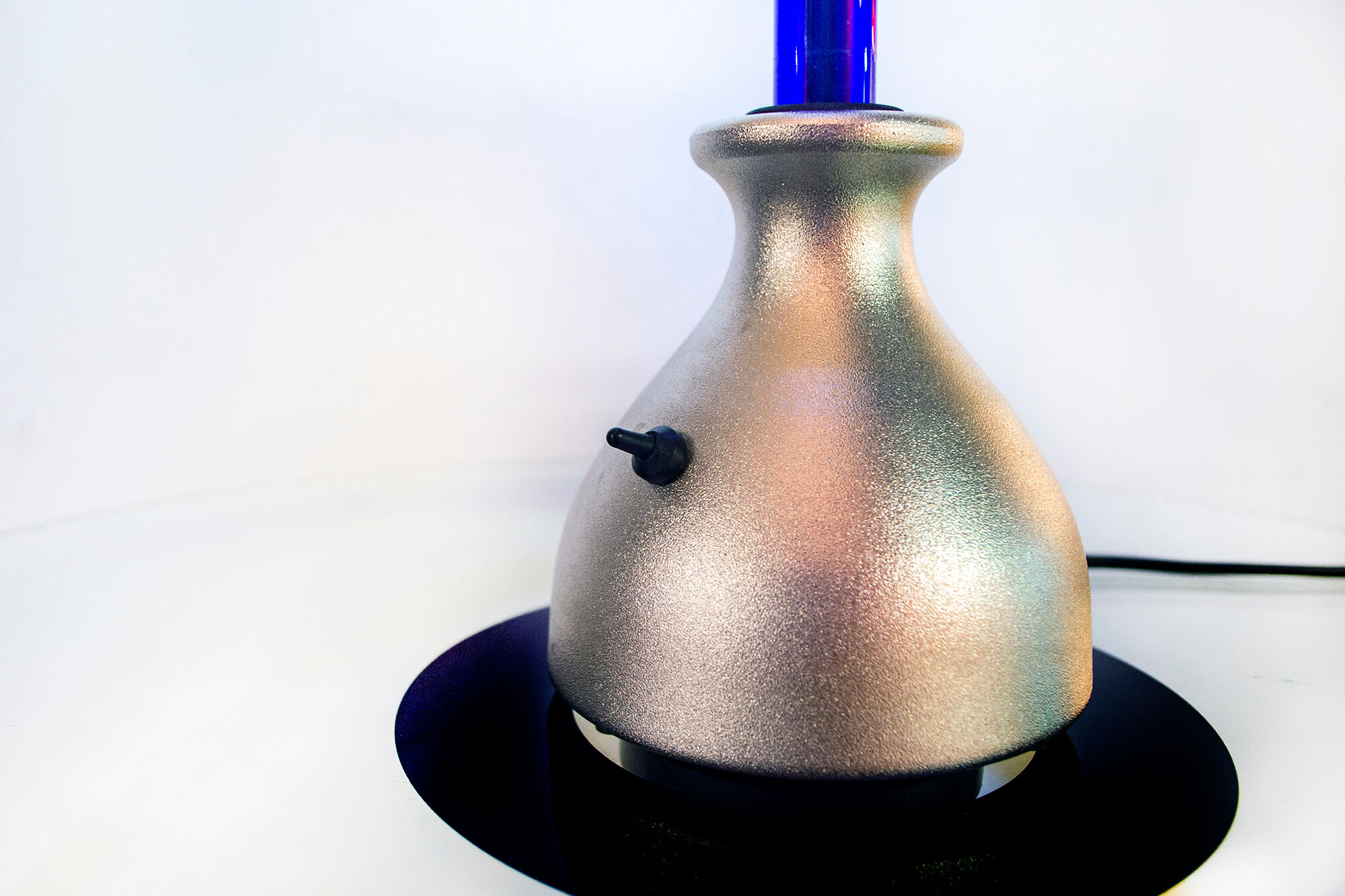 Table lamp with aluminum base and blue glass lampshade Italy Years'2000