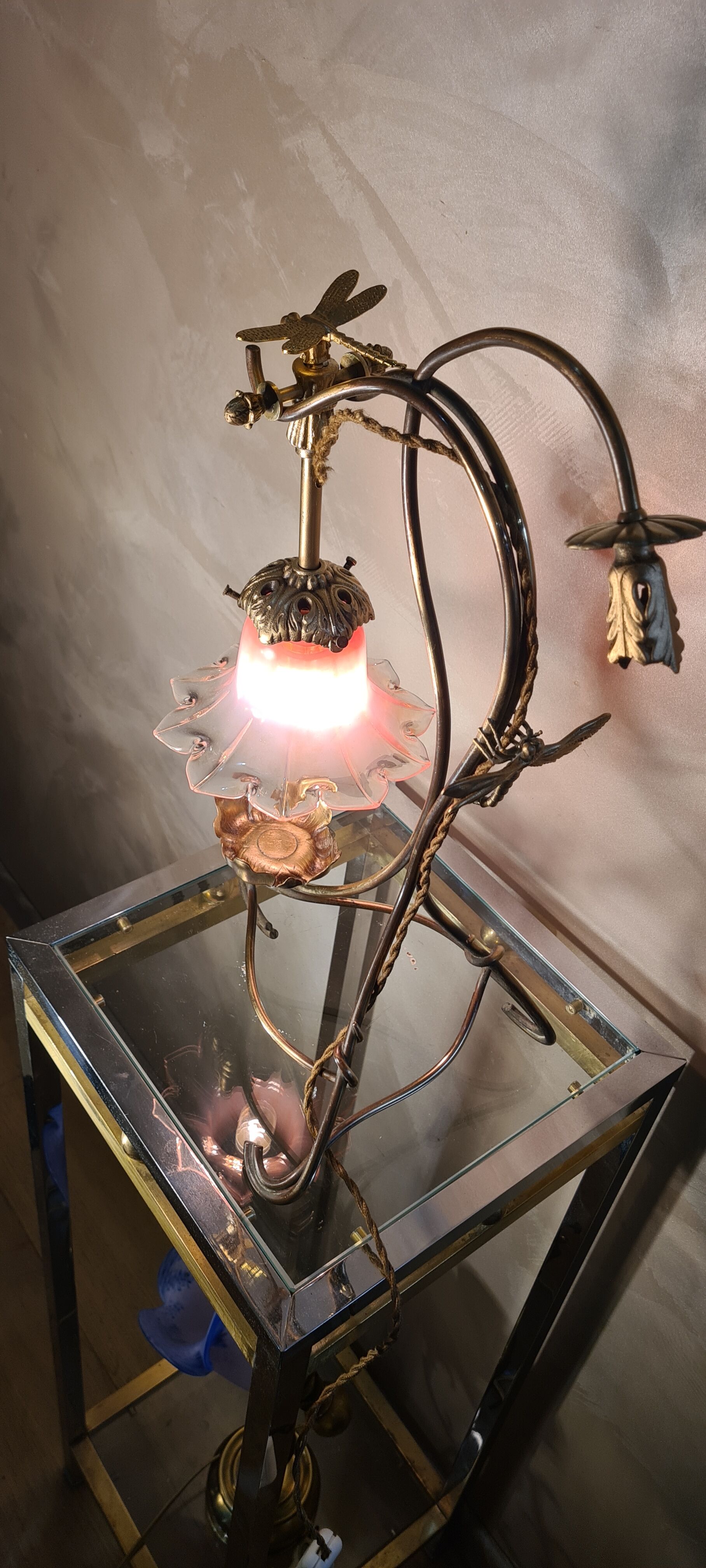 Brass lamp with Art Nouveau libelules , Majorelle style, Muller and Frere, 45x30 with tulip