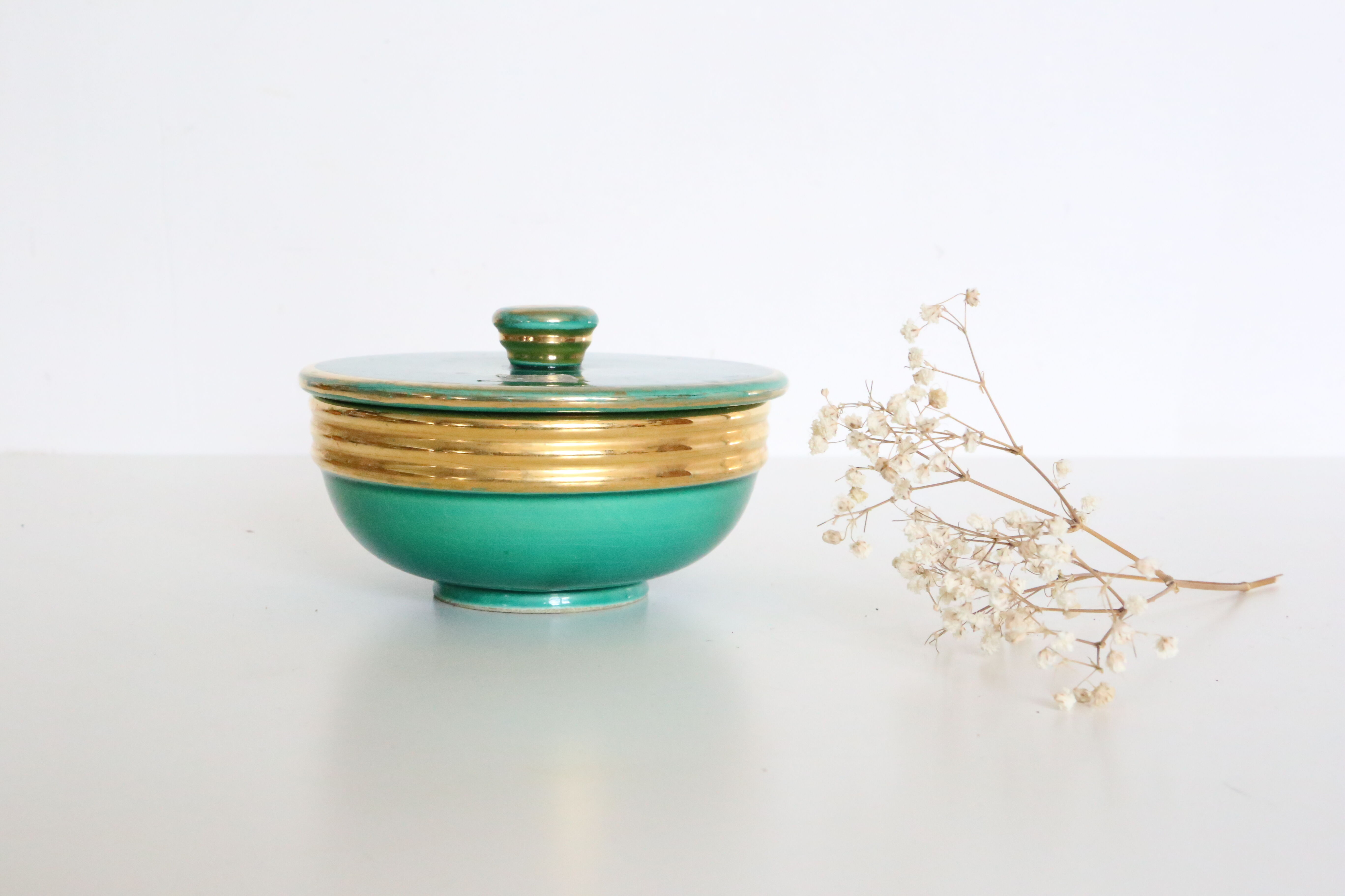 Ceramic jewelry box, green, Elchinger, 1970, vintage French