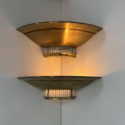Pair of Art Deco corner sconces, brass and glass, France 1930