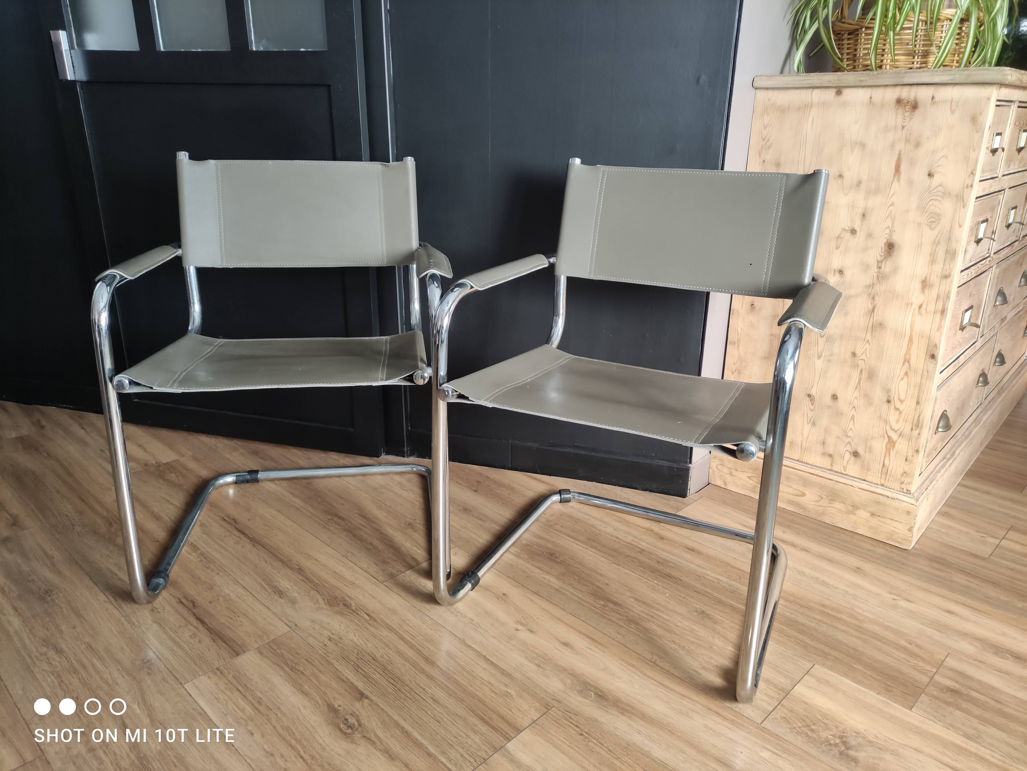 Pair of taupe Cantilever armchairs with chrome base
