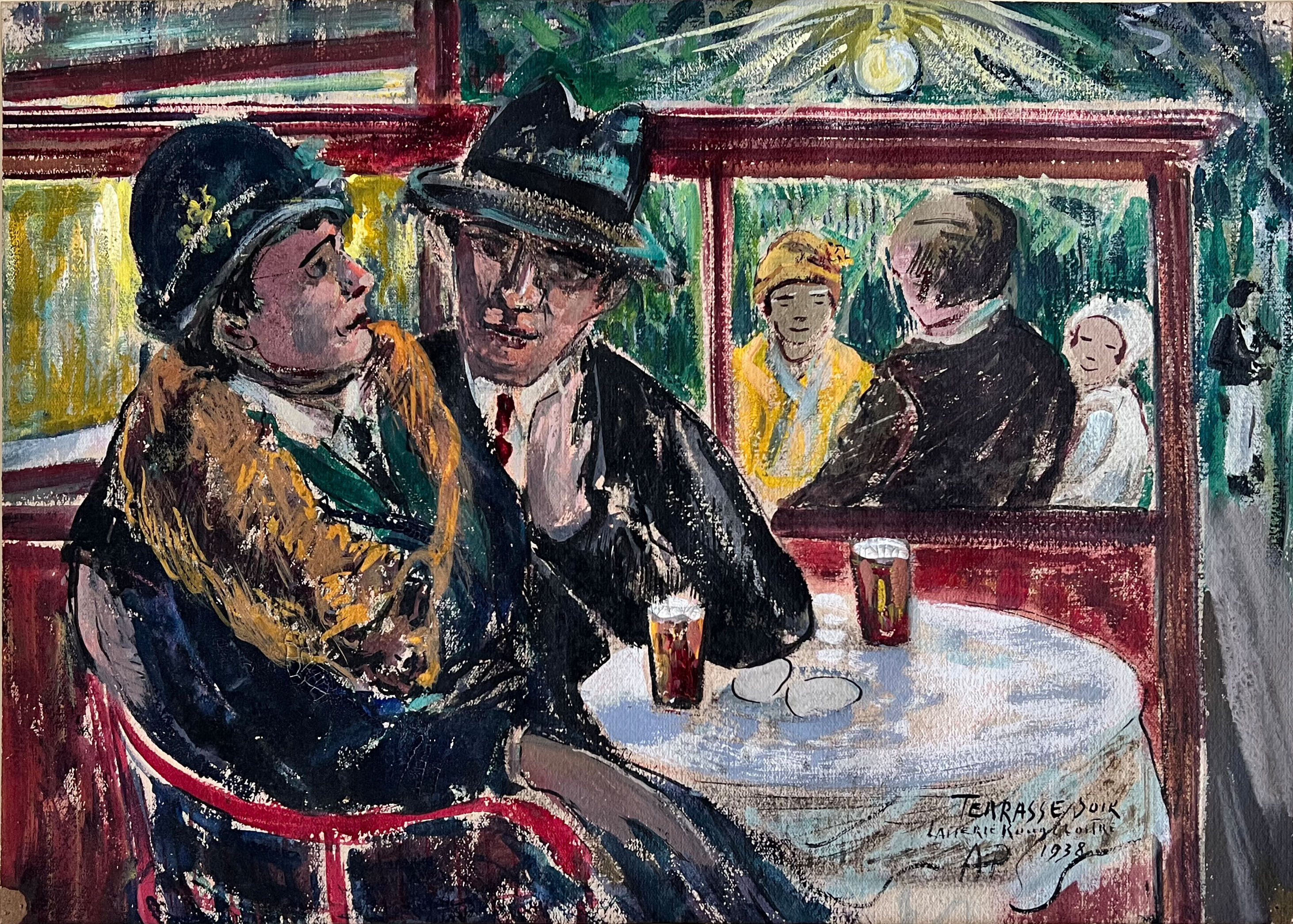 "On the terrace in the evening at the red dairy" Oil on cardboard