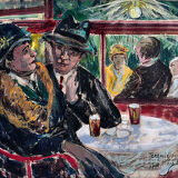 "En terrasse le soir à la laiterie rouge" Huile sur carton