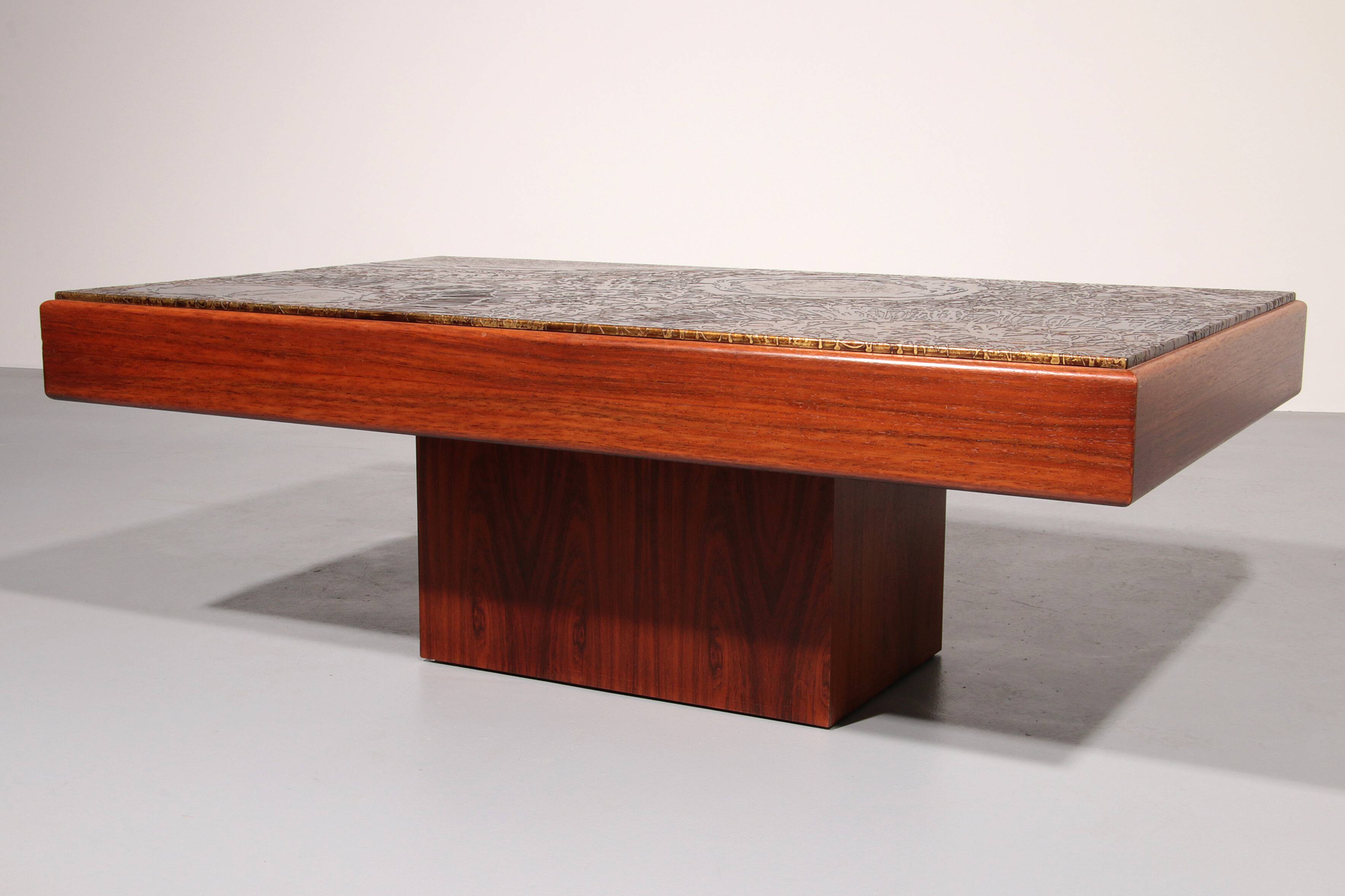 Brutalist Coffee Table with Copper Top and Wooden Base