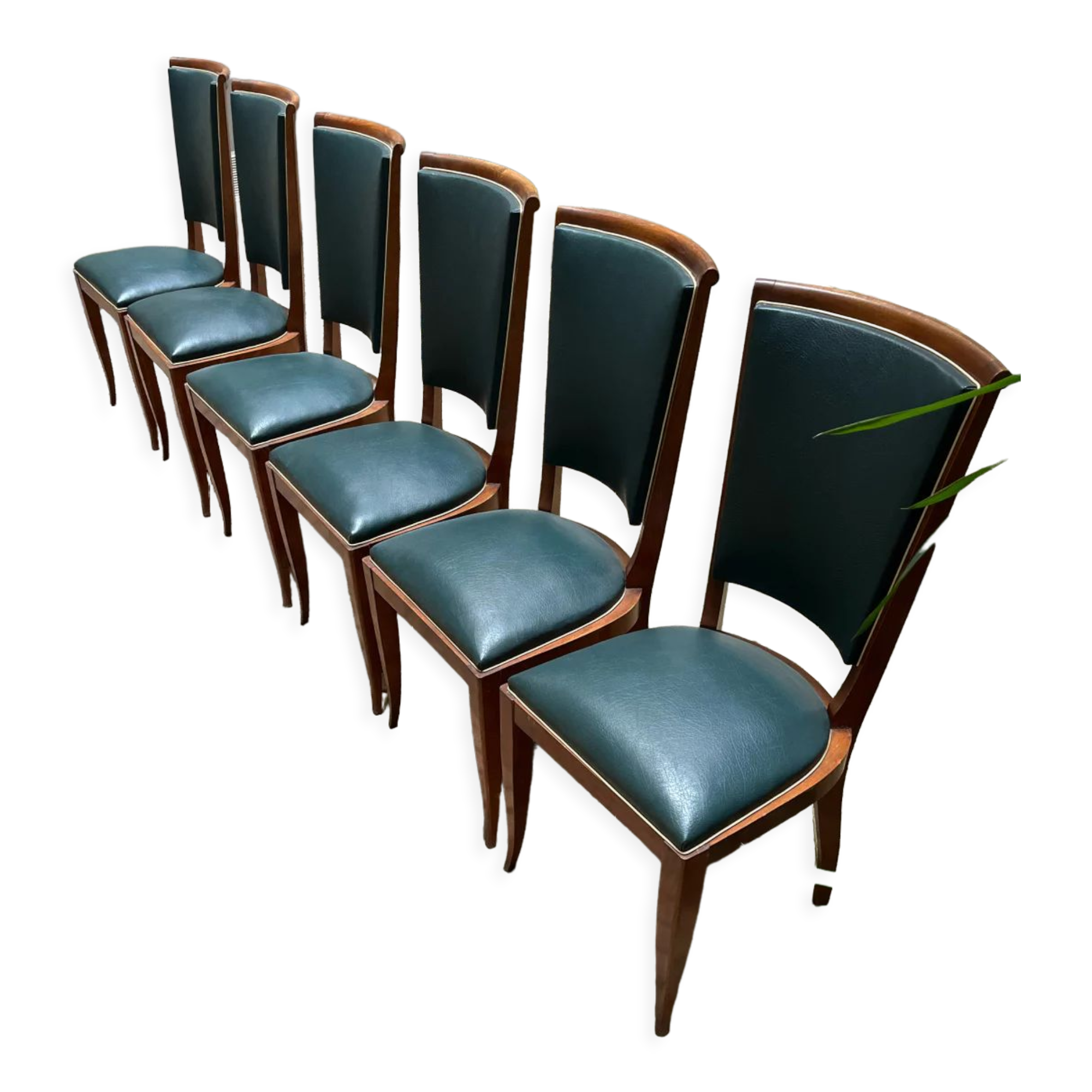 Green art deco chairs in skaï and wood