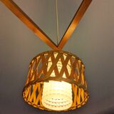 Suspension in teak and rattan, Doria Leuchten from the 1950s.