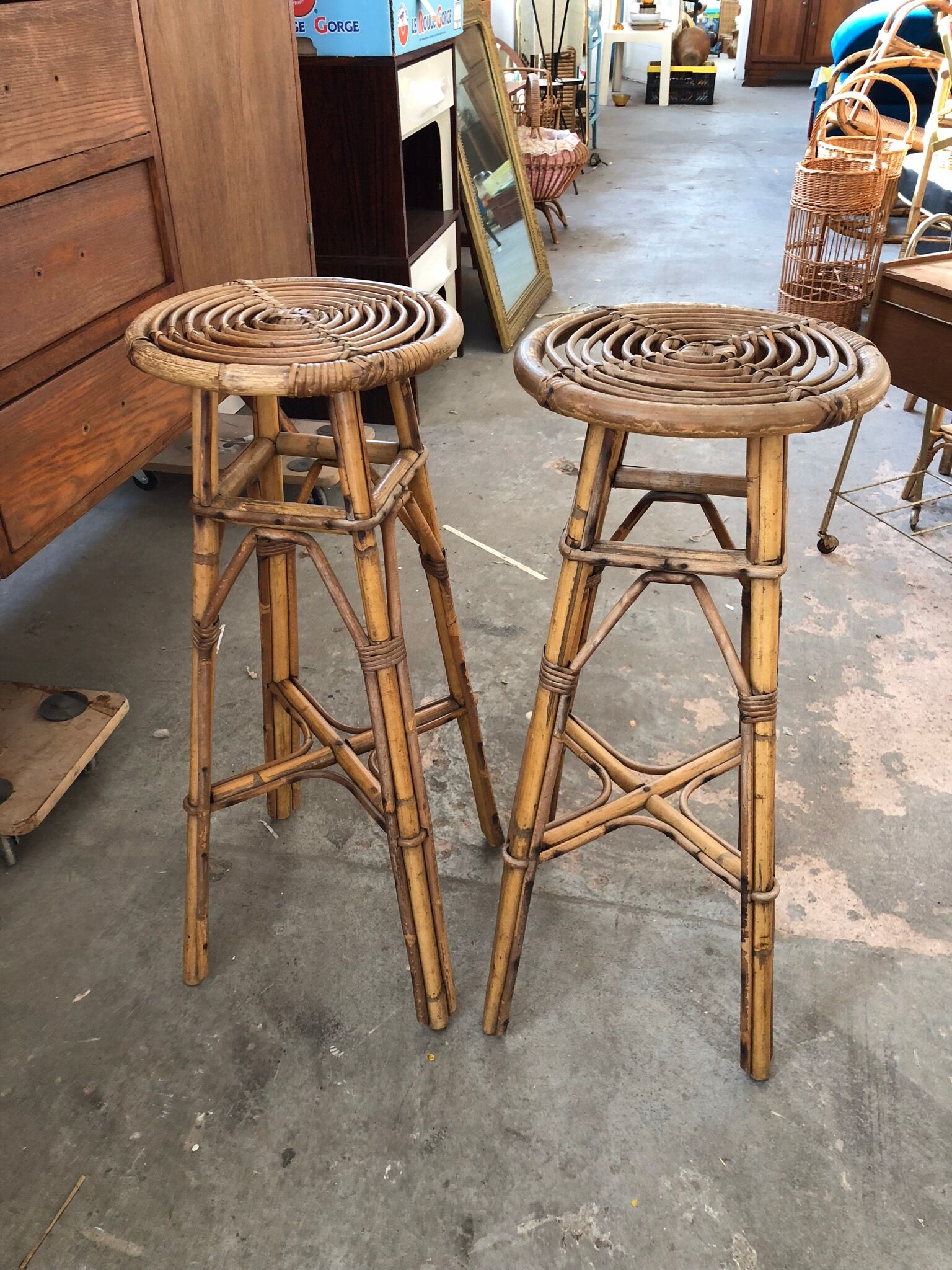 Set of 2 vintage rattan stools