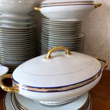 table service art deco limoges porcelain white border blue and gold 61 pieces signed
