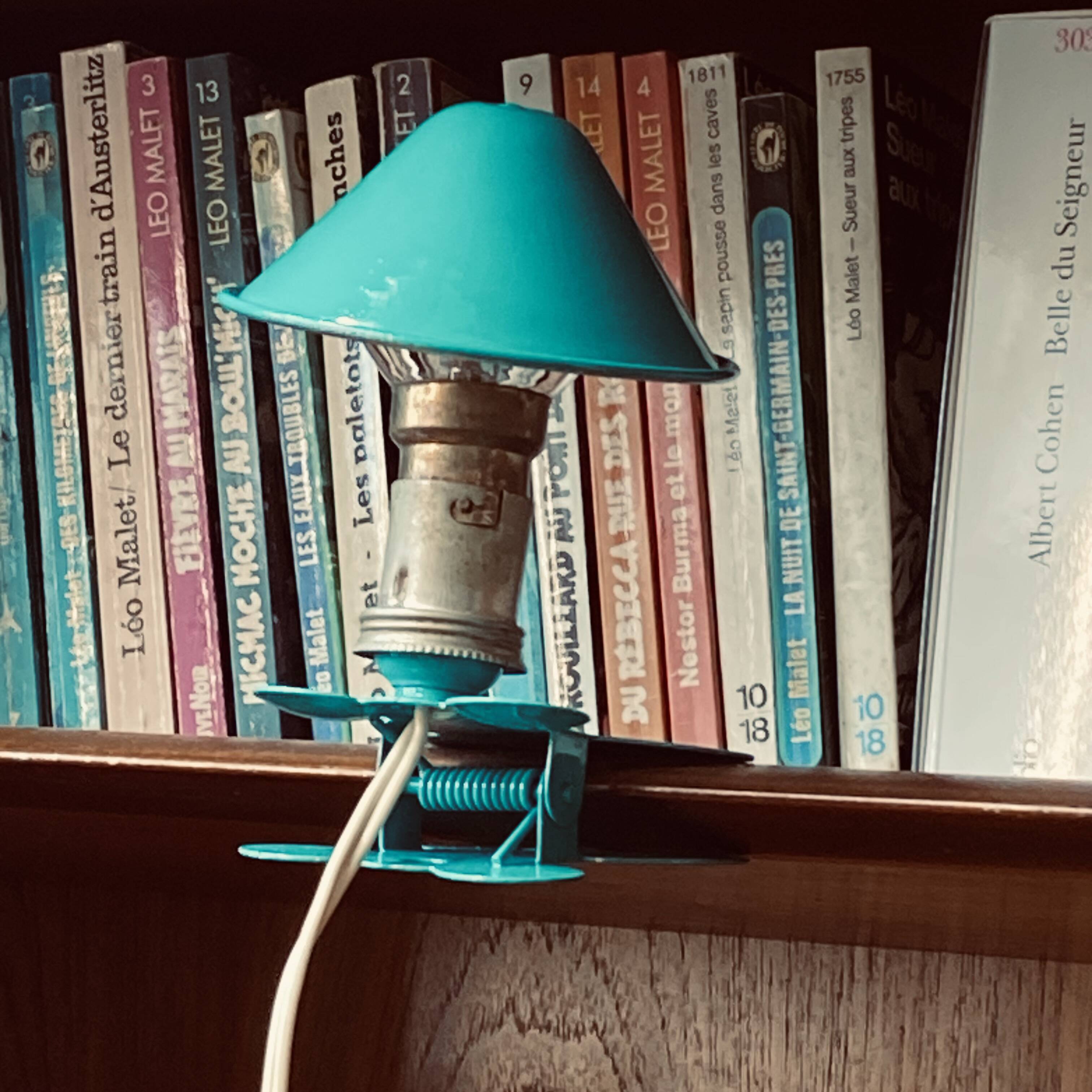 Small blue-green metal mushroom clip lamp vintage night light