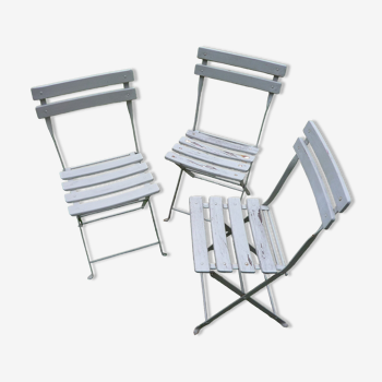 Set of 3 folding garden chairs for children, wooden and metal slats, retro