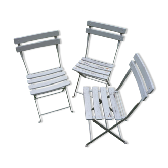 Set of 3 folding garden chairs for children, wooden and metal slats, retro