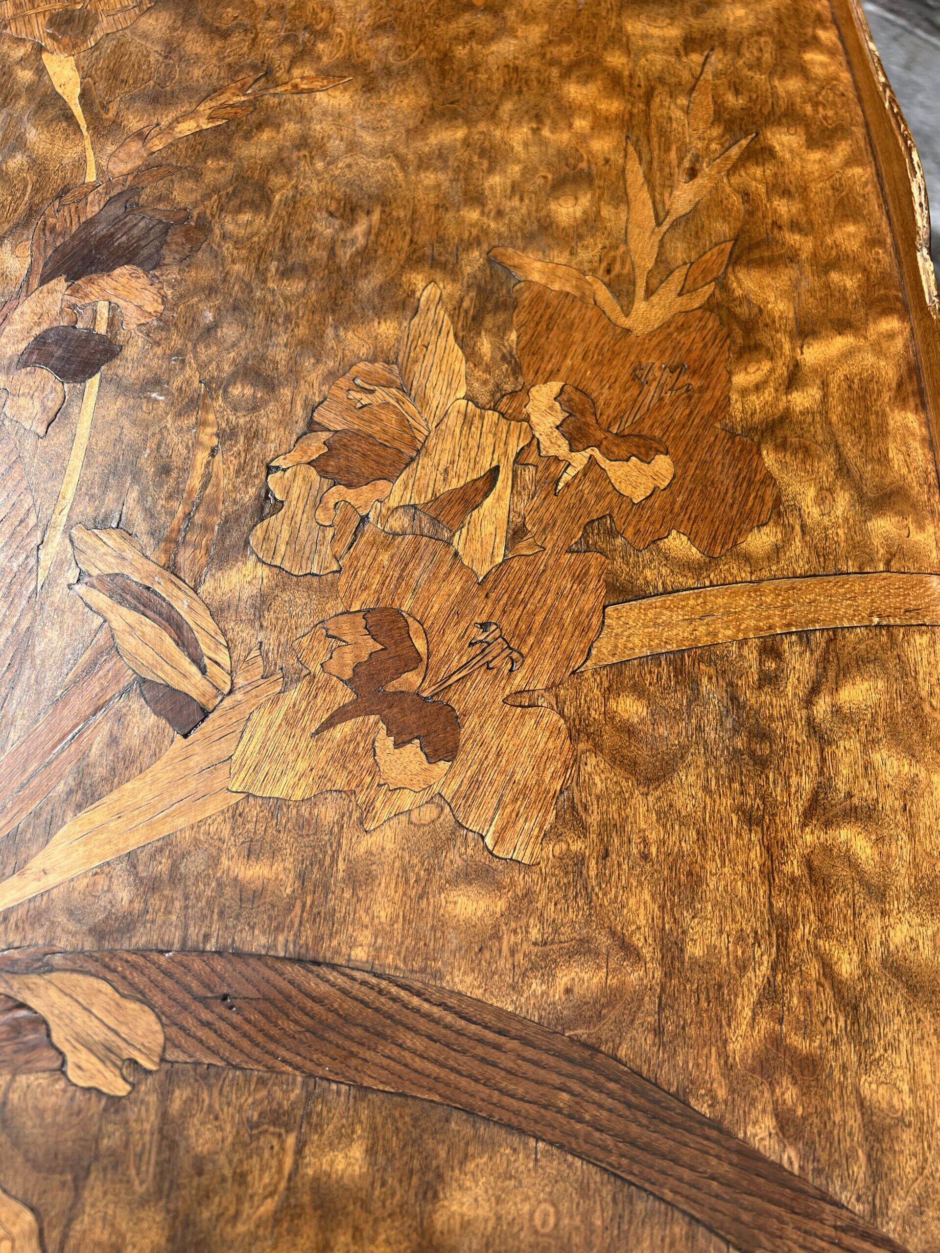 Art Nouveau period two-tiered tea table in veneered wood, signed Émile Gallé