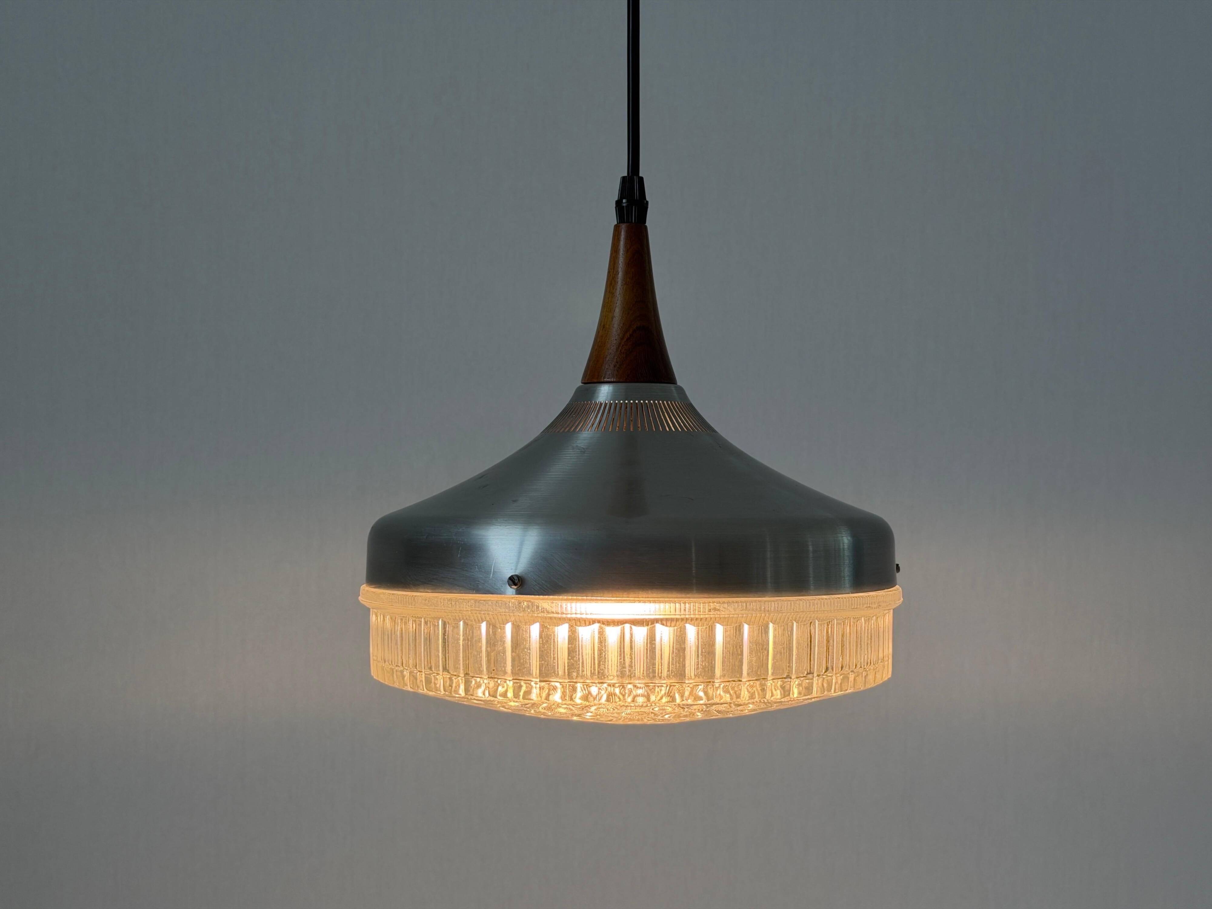 Crystal glass ceiling light with a metal frame and wood details, 1960s, Germany.