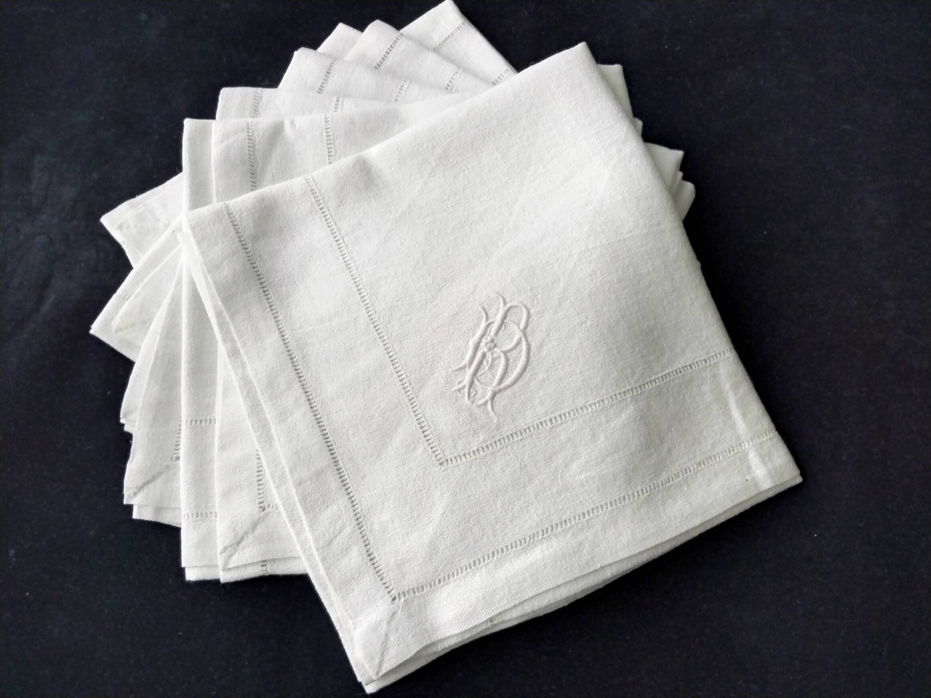 6 White damask linen napkins Monogram RD Embroidery and openwork