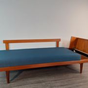 Norwegian daybed sofa in teak and blue fabric, renovated, vintage scandinavian 1960s