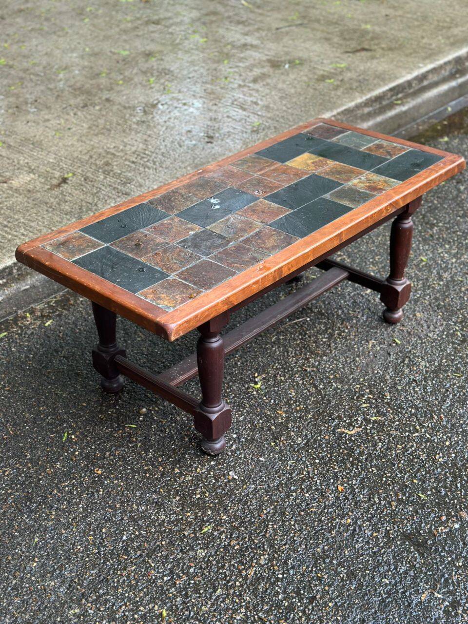 Rectangular coffee table made of solid wood and ceramic 1950