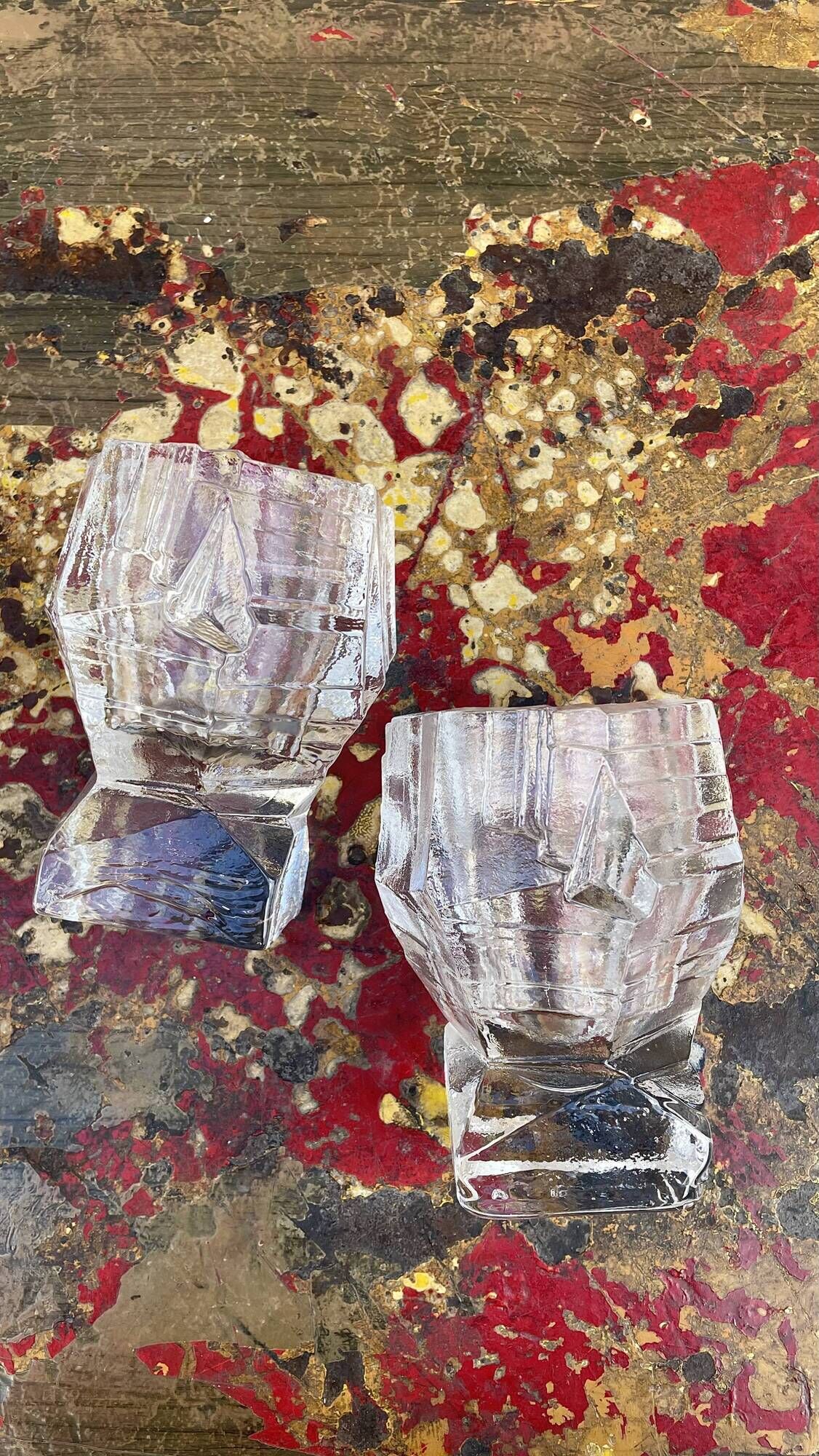 Set of 2 Swedish brutalist frosted glass candle holders.