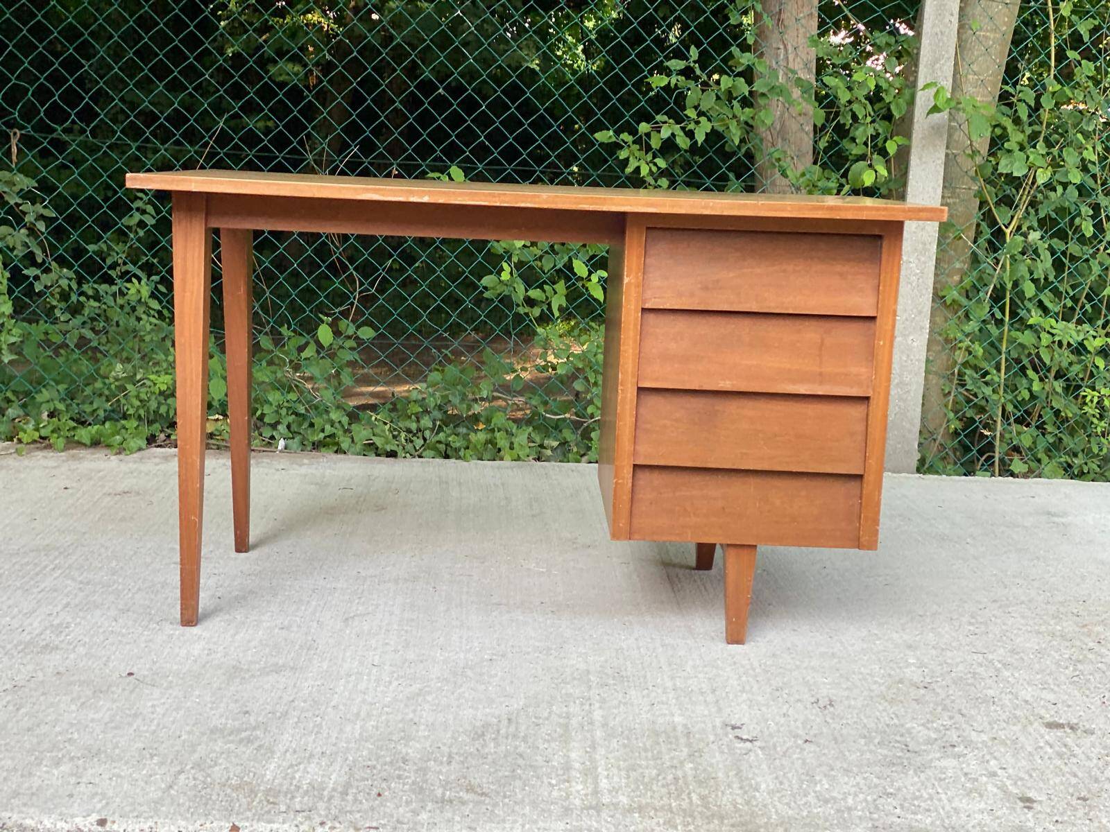 1940s Scandinavian wooden desk with 4 drawers and spindle legs