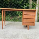 Bureau scandinave en bois 4 tiroirs et pieds fuseaux, 1940
