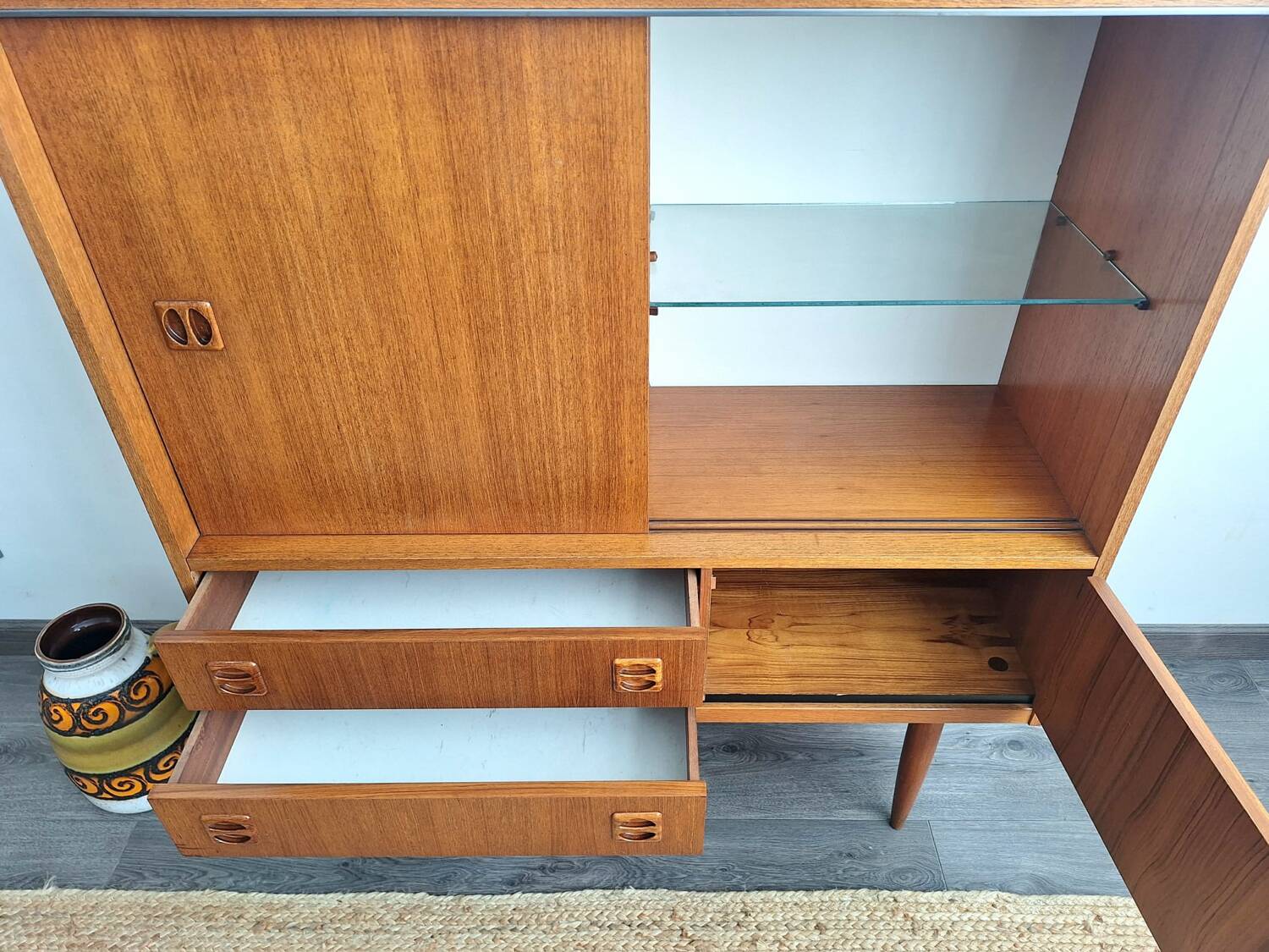 Sideboard, bookcase in teak veneer