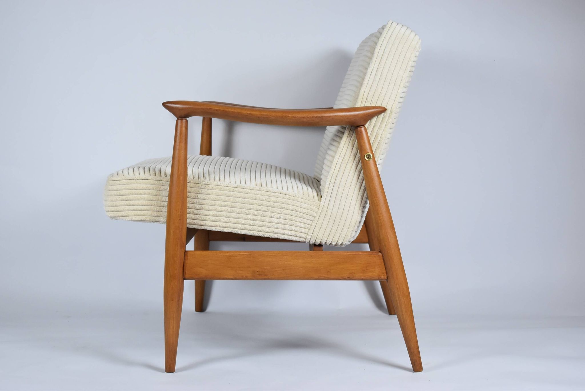 Restored scandinavian armchair "Kedzior", 1960s, cream Cord, teak