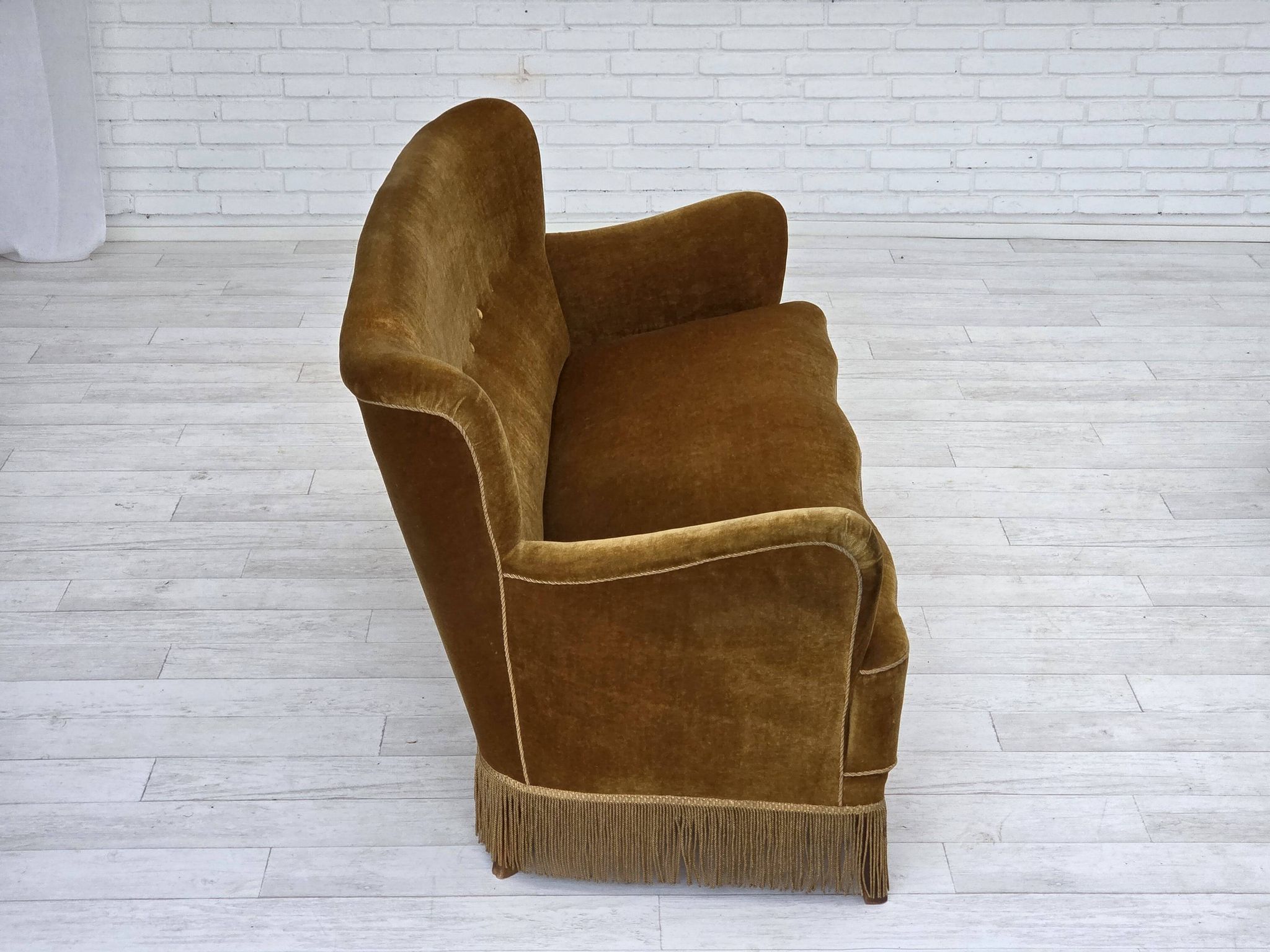 1960s, Danish 3-seater sofa, honey-yellow furniture velour, beech wood.