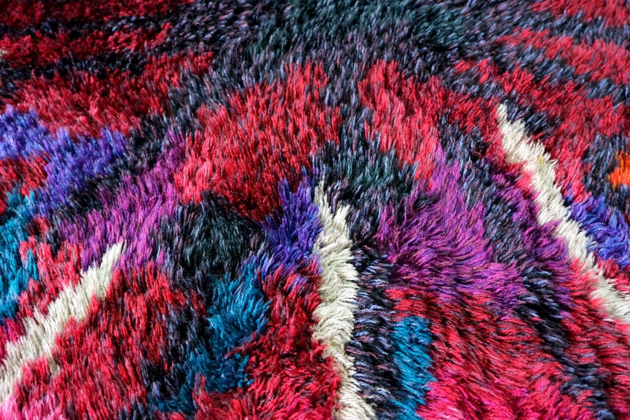 Abstract Scandinavian  Hand-Knotted High Pile Rya Rug Carpet, Sweden, 1960s