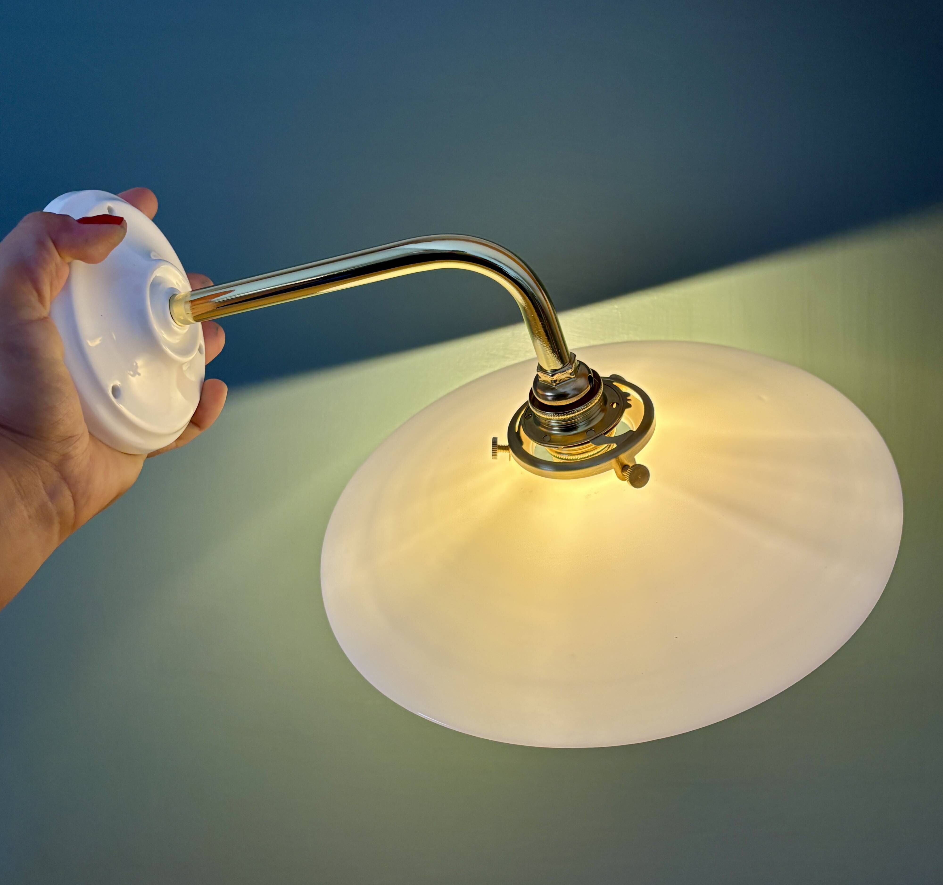 Vintage white opaline wall lamp with elbow arm