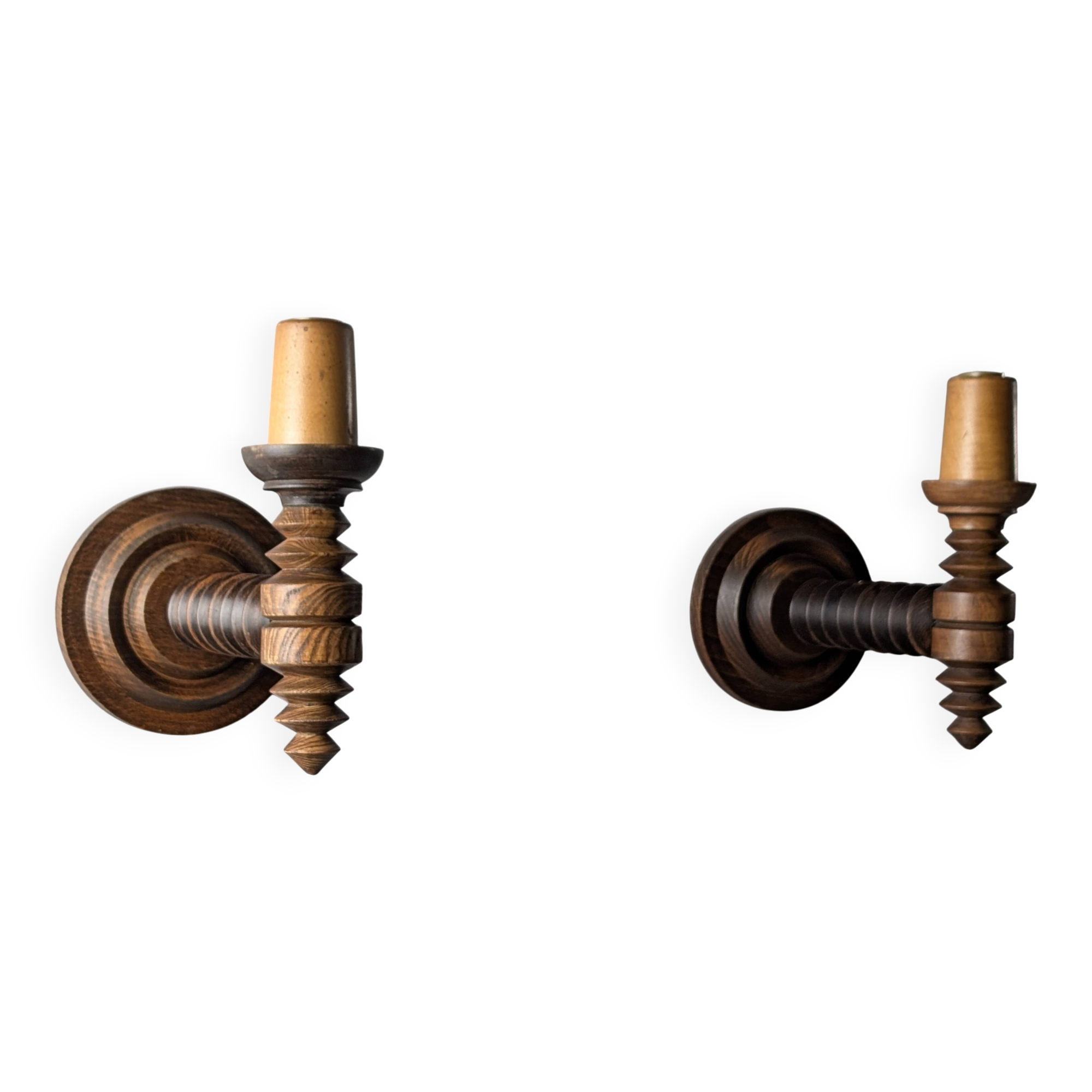 Pair of Charles Dudouyt French Turned Wood Wall Sconces, 1940s