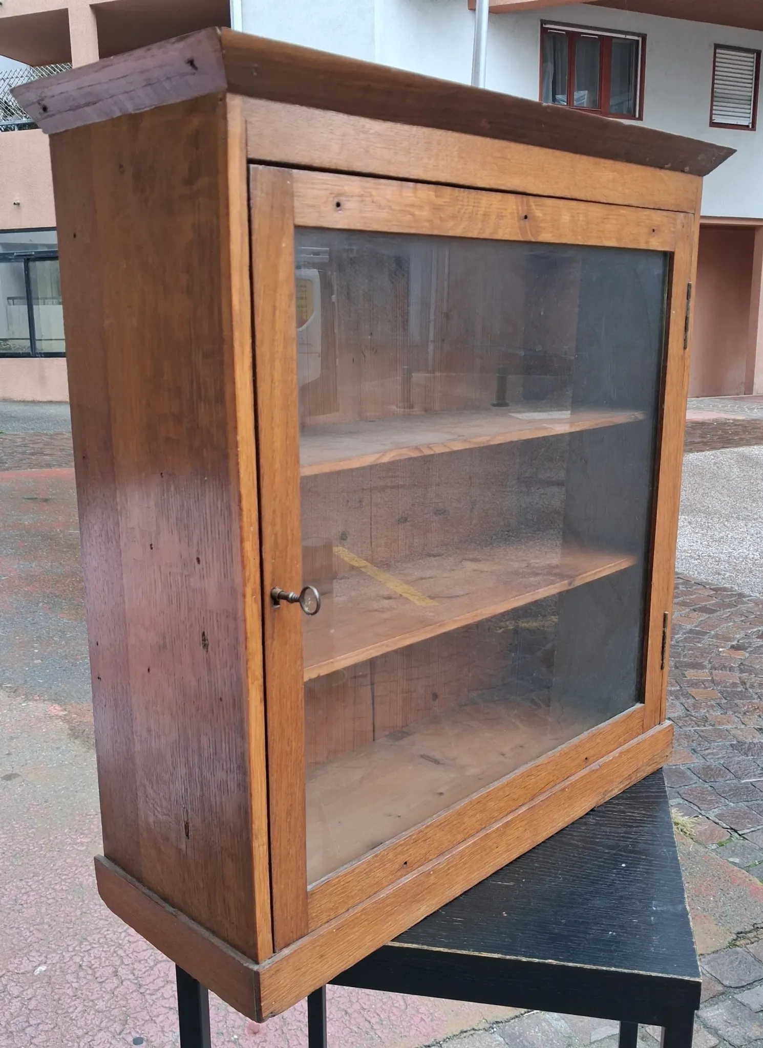 Vintage wooden wall display cabinet, chalet country design.