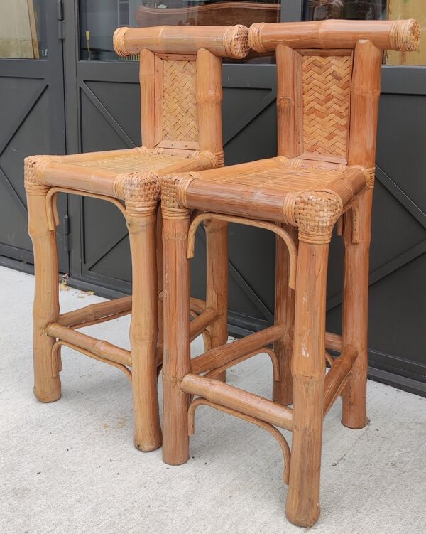 Paire de gros tabourets en bambou années 1970