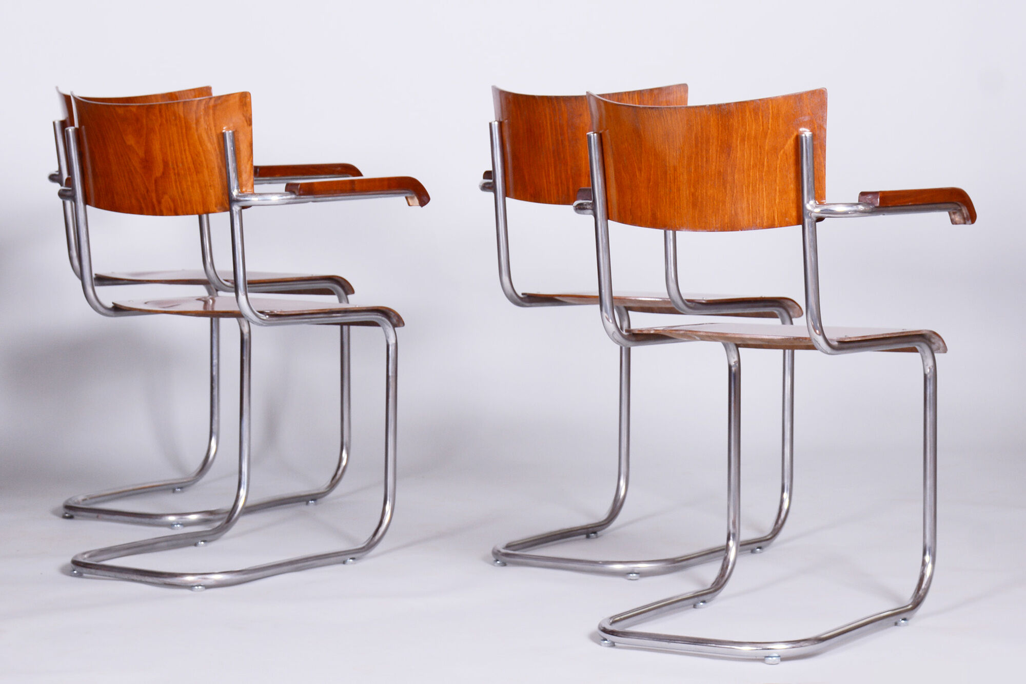 Set Of 4 Restored Bauhaus Beech Armchairs Designed by Mart Stam, 1930s, Czechia, High Gloss