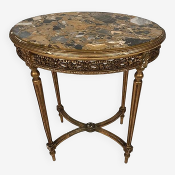 Large Louis XVI style pedestal table in gilded wood and marble top, late 19th century
