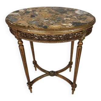 Large Louis XVI style pedestal table in gilded wood and marble top, late 19th century