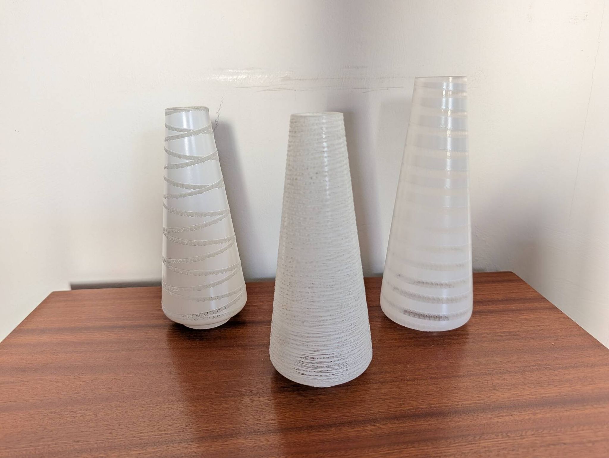 Trio of conical satin glass tulips, 1960s