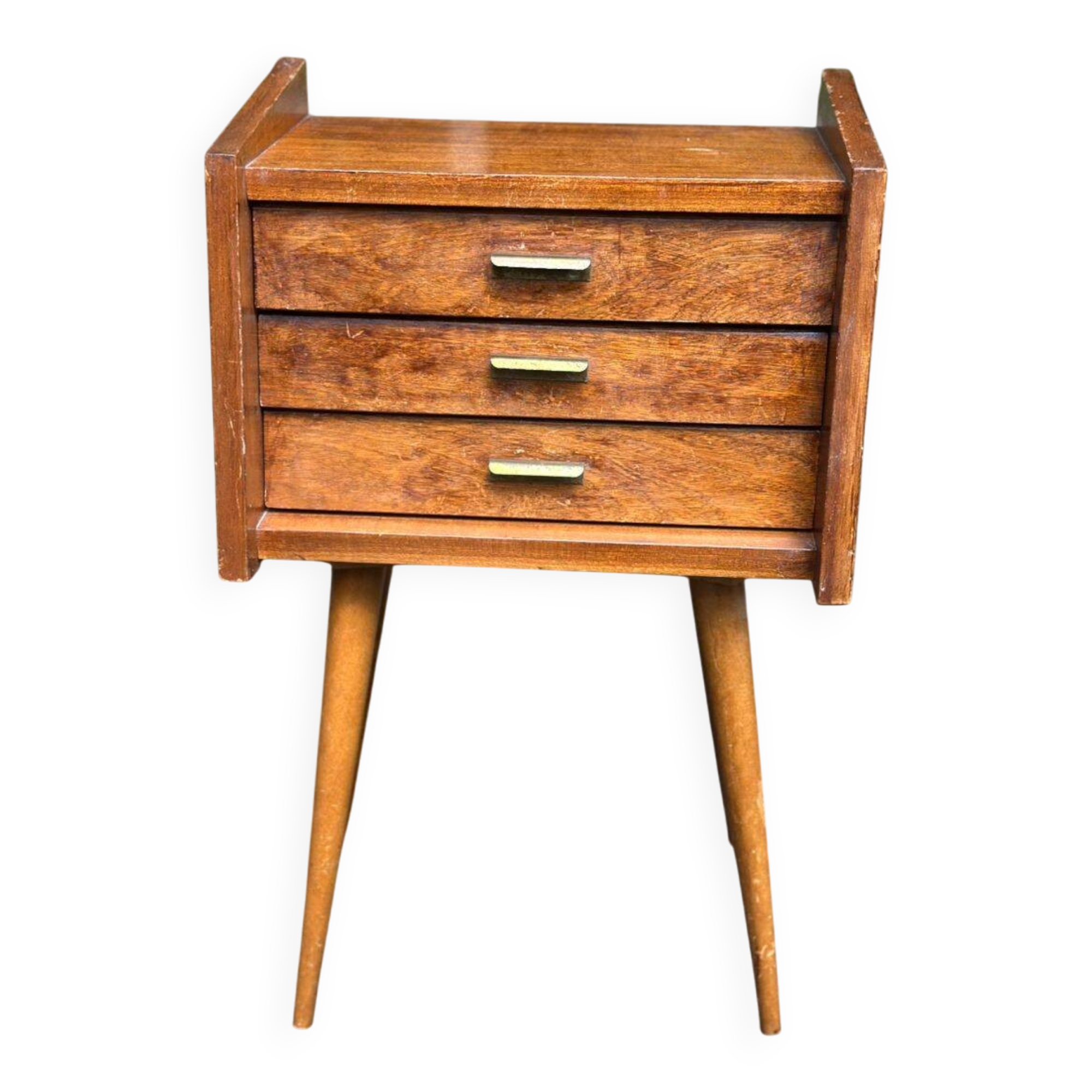 Scandinavian bedside table in oak from the 1960s with tapered legs and 3 drawers.