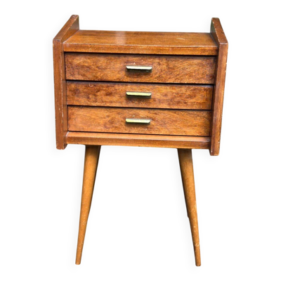 Table de chevet scandinave en chêne, pieds compas, 3 tiroirs, années 60