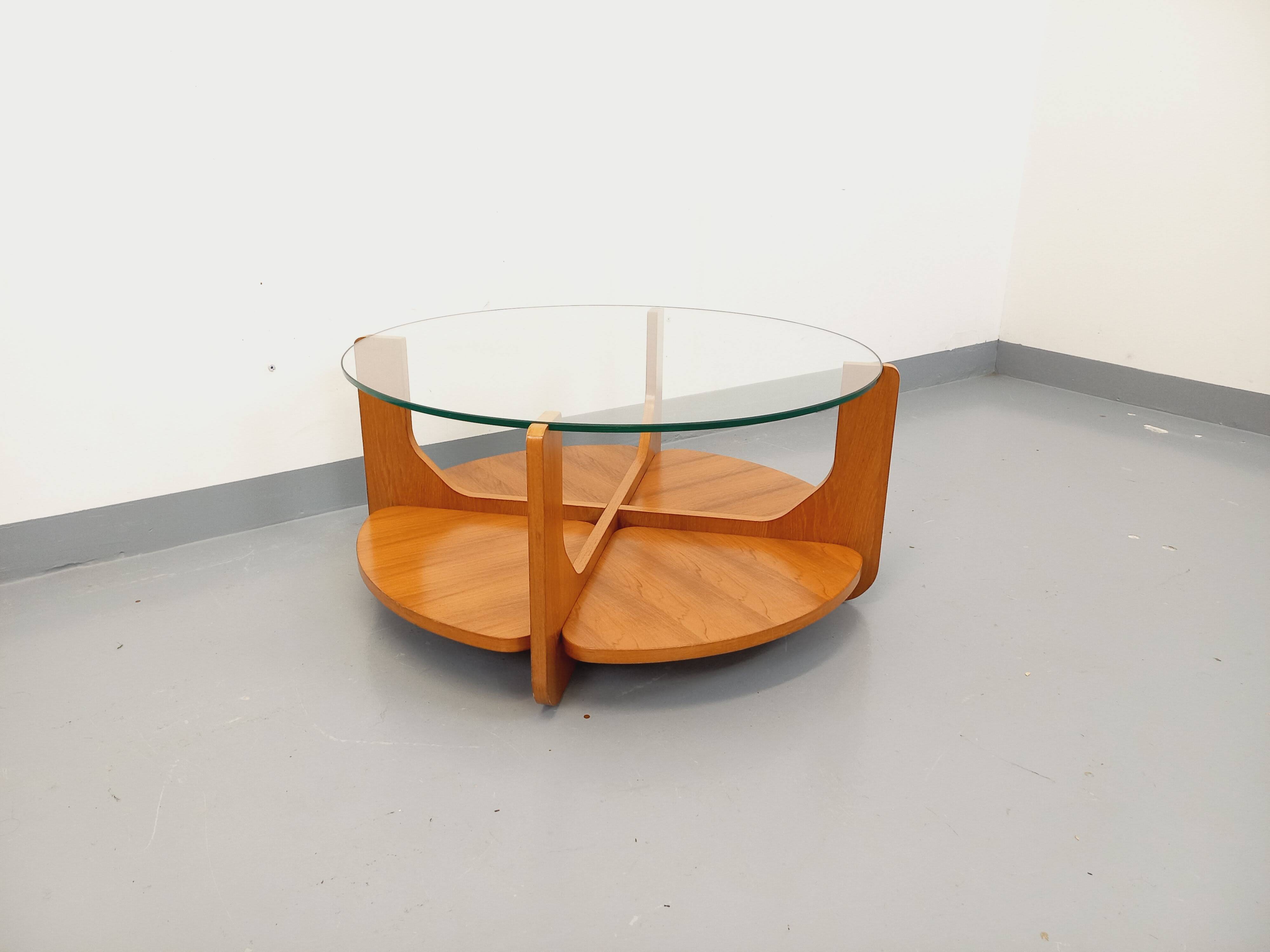 Vintage round coffee table with 2 tops by Hugues Poignant, in teak and glass