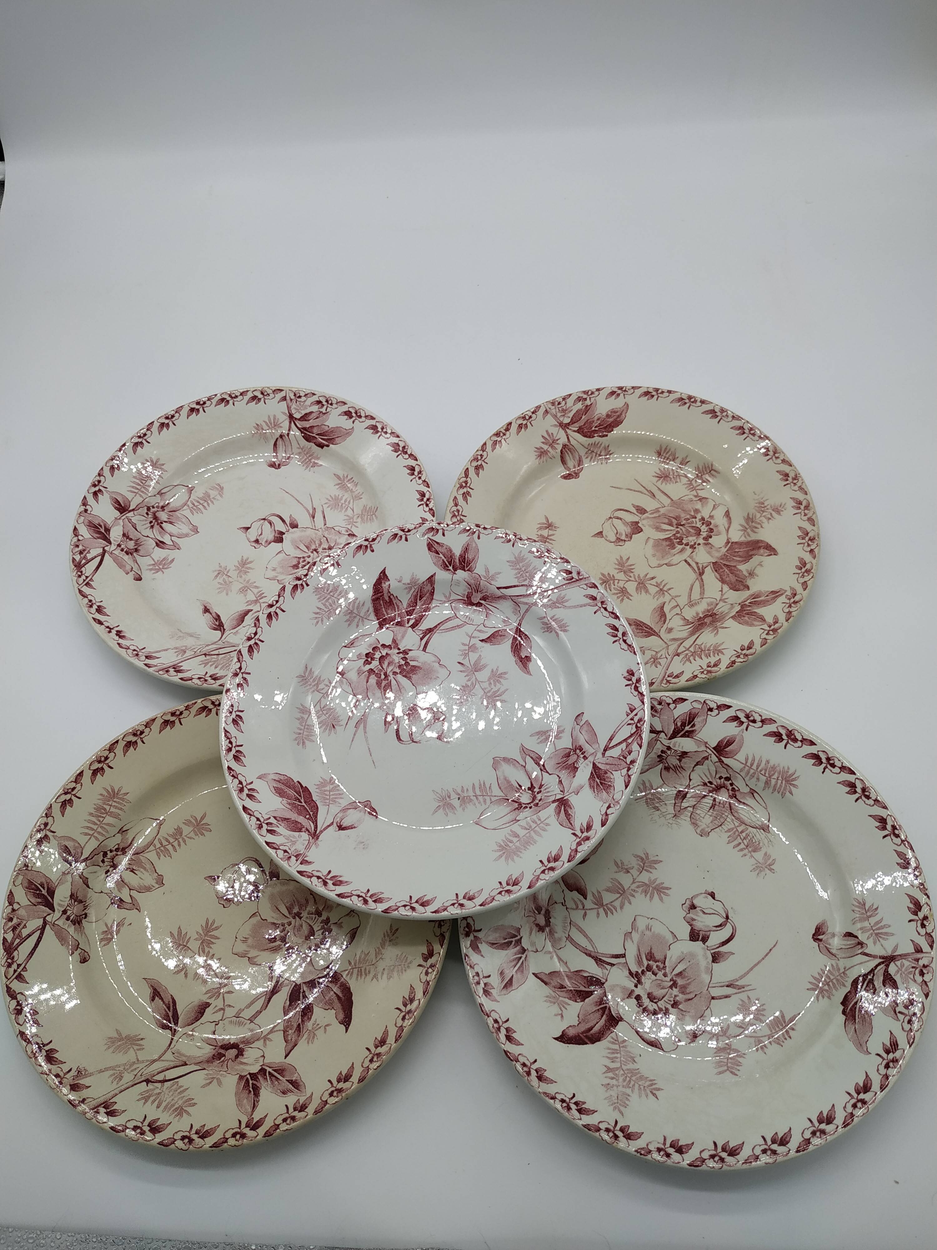 Set of 5 vintage flat plates decorated with pink flowers