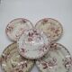Set of 5 vintage flat plates decorated with pink flowers