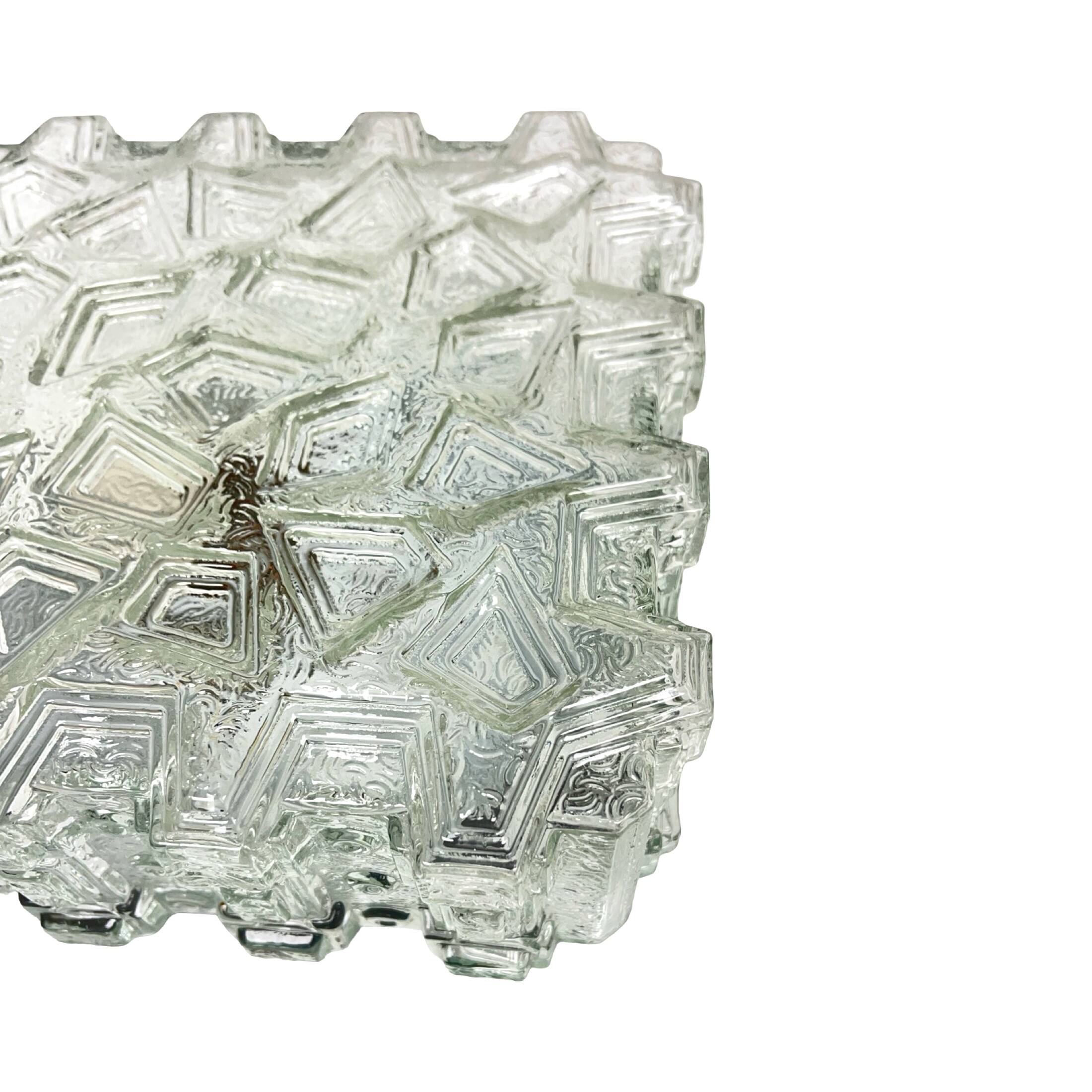 1970s square Hillebrand ceiling light made of thick pressed glass.