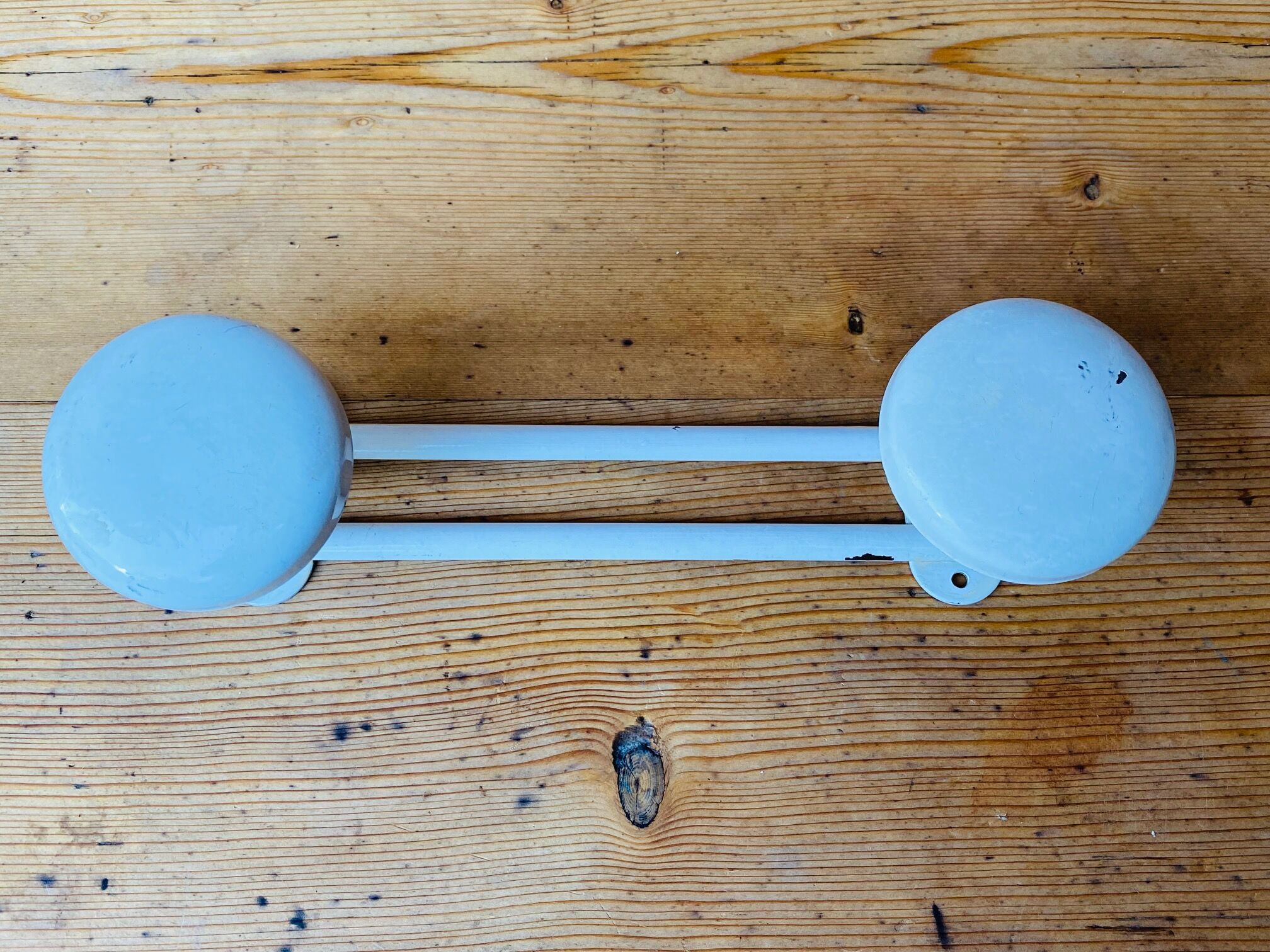 Metal wall coat rack 2 white hooks 60s.