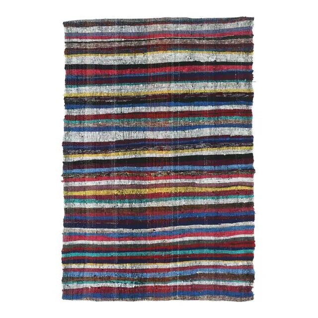 Tapis kilim vintage turc Oushak fait main en laine et coton bleu