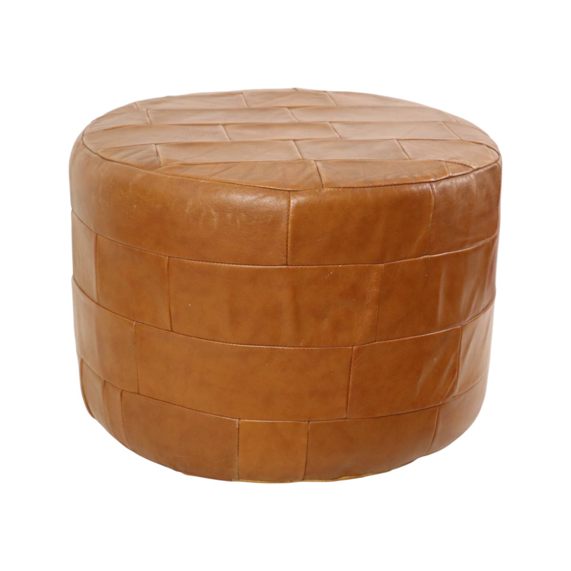 Vintage Round Brown Pouf Patchwork Patches Faux Leather 45cm