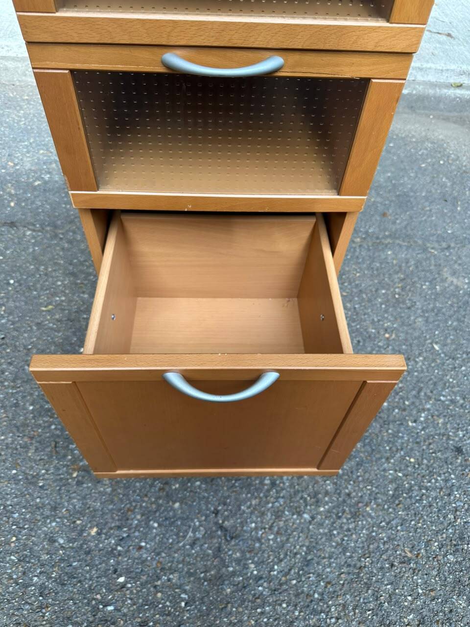 IKEA 1990 wood and frosted glass chest of drawers.
