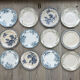 6 green and blue mismatched iron earth plates