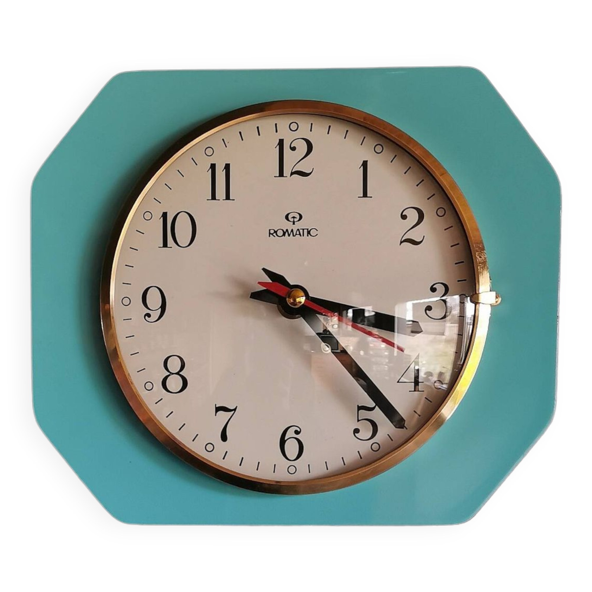 Vintage formica clock rectangular silent wall pendulum "Romatic turquoise blue"