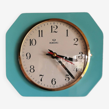 Vintage formica clock rectangular silent wall pendulum "Romatic turquoise blue"